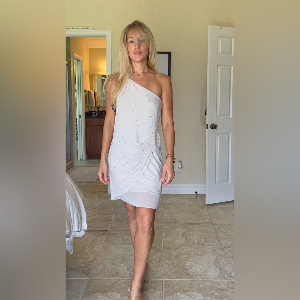 One-Shoulder Cream Dress w Rhinestones
